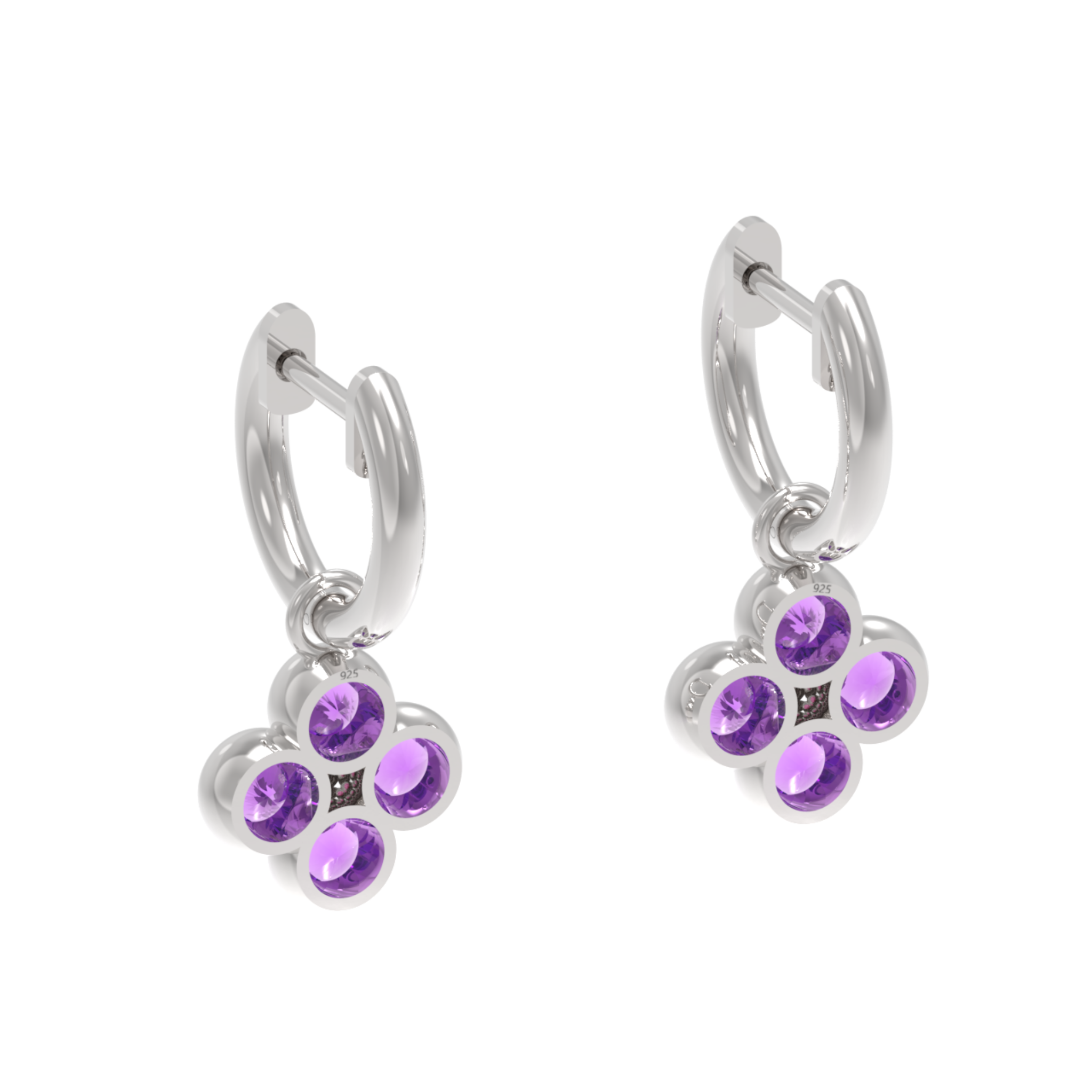 Amethyst Clover Leaf Dangle Earrings, Hallmarked 925 Sterling Silver